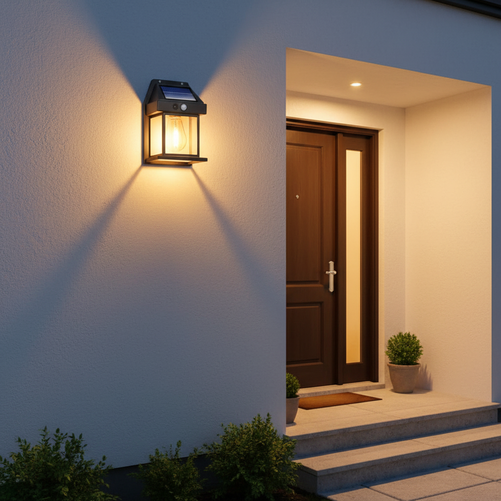 Solar wall lamp illuminating home entrance at night