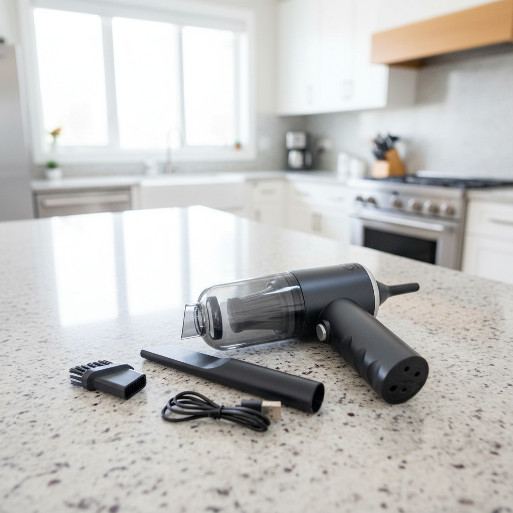 3-in-1 vacuum cleaner flat lay with attachments on kitchen counter