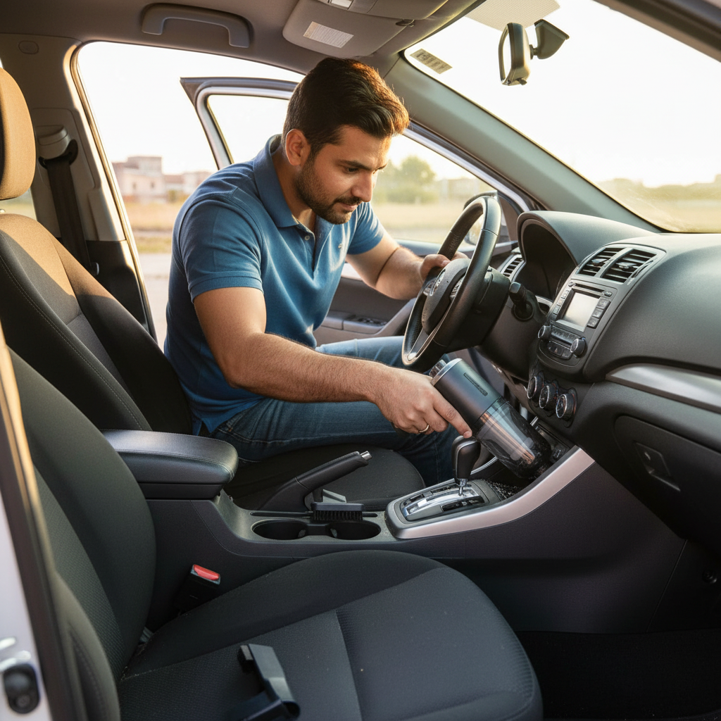 Pakistani man using cordless vacuum cleaner to clean car interior