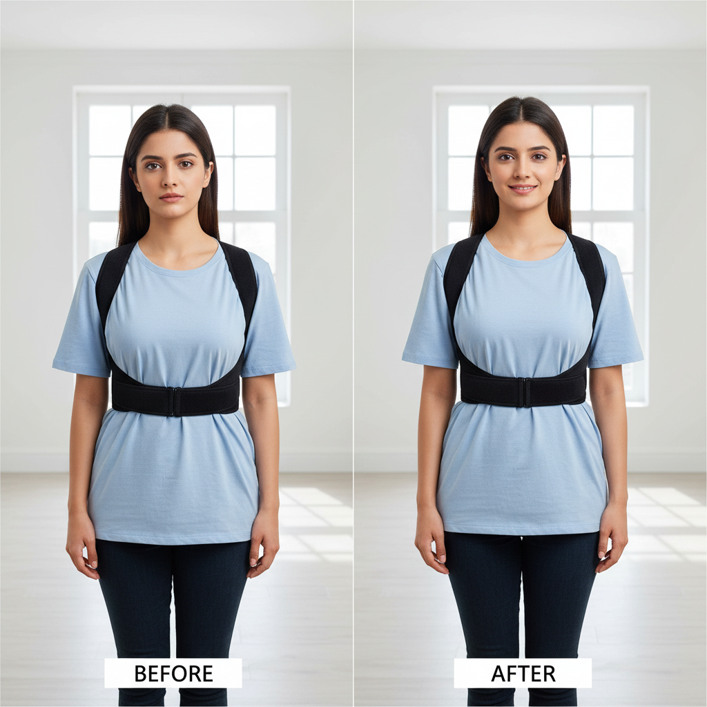 Pakistani woman standing tall wearing posture corrector brace