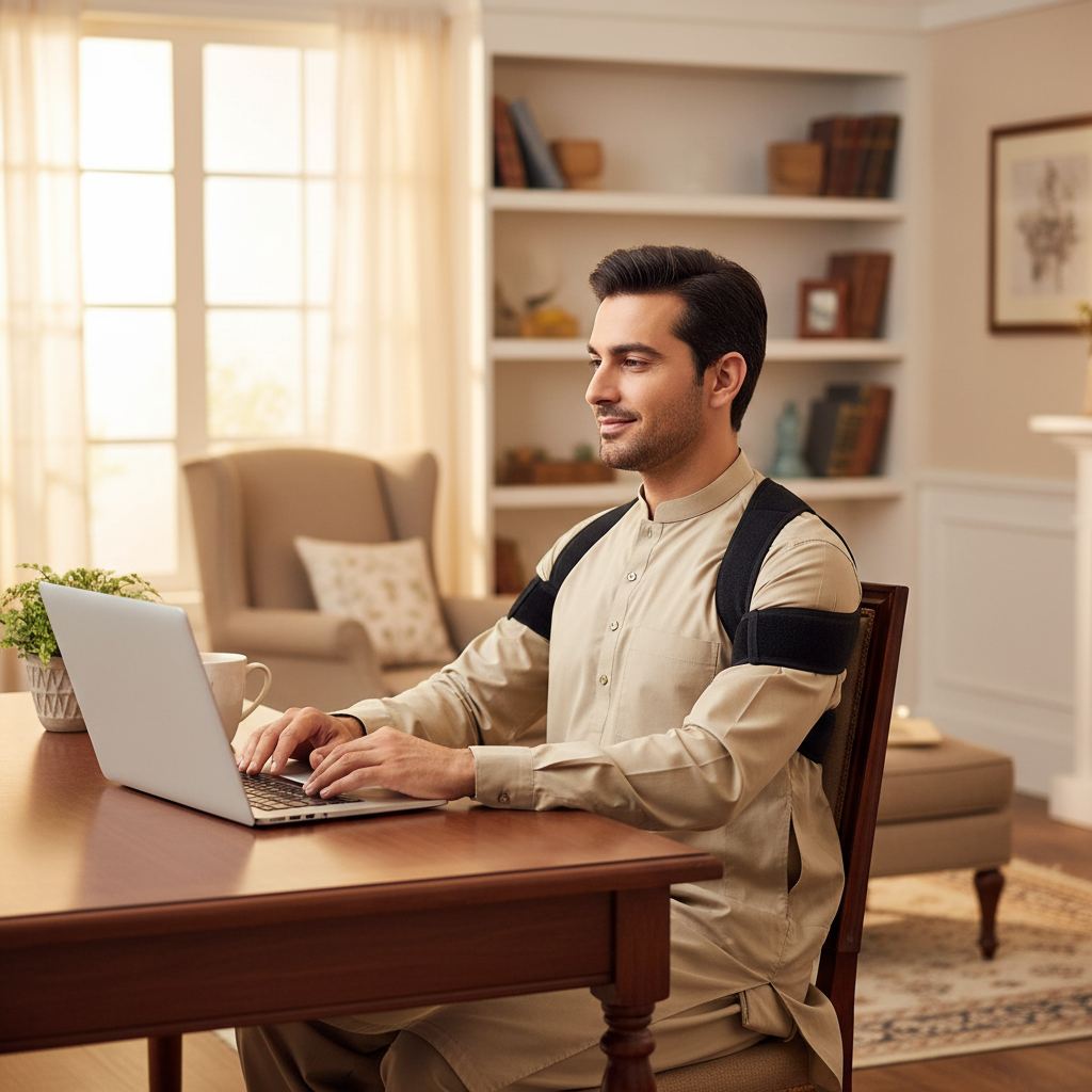Pakistani man wearing posture corrector at home office desk
